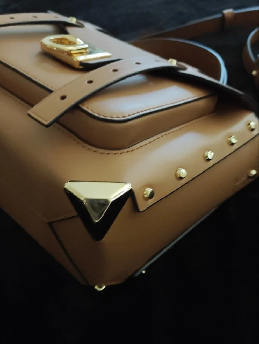 Michael Kors Carmel Colored Leather Studded Manhattan with Gold Hardware